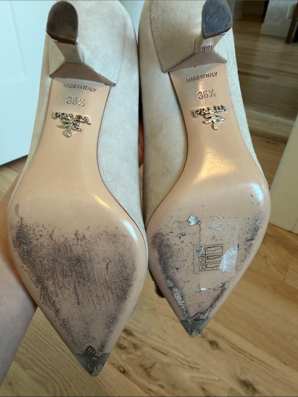 Prada Beige Suede Pointed-Toe Pumps with Amber Crystal Brooch - Picture 5 of 7